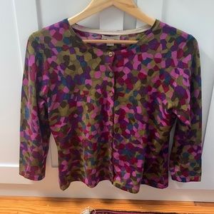 Garnet Hill Signature Eco Merino Wool Cardigan Purple Olive Geo Abstract Print M